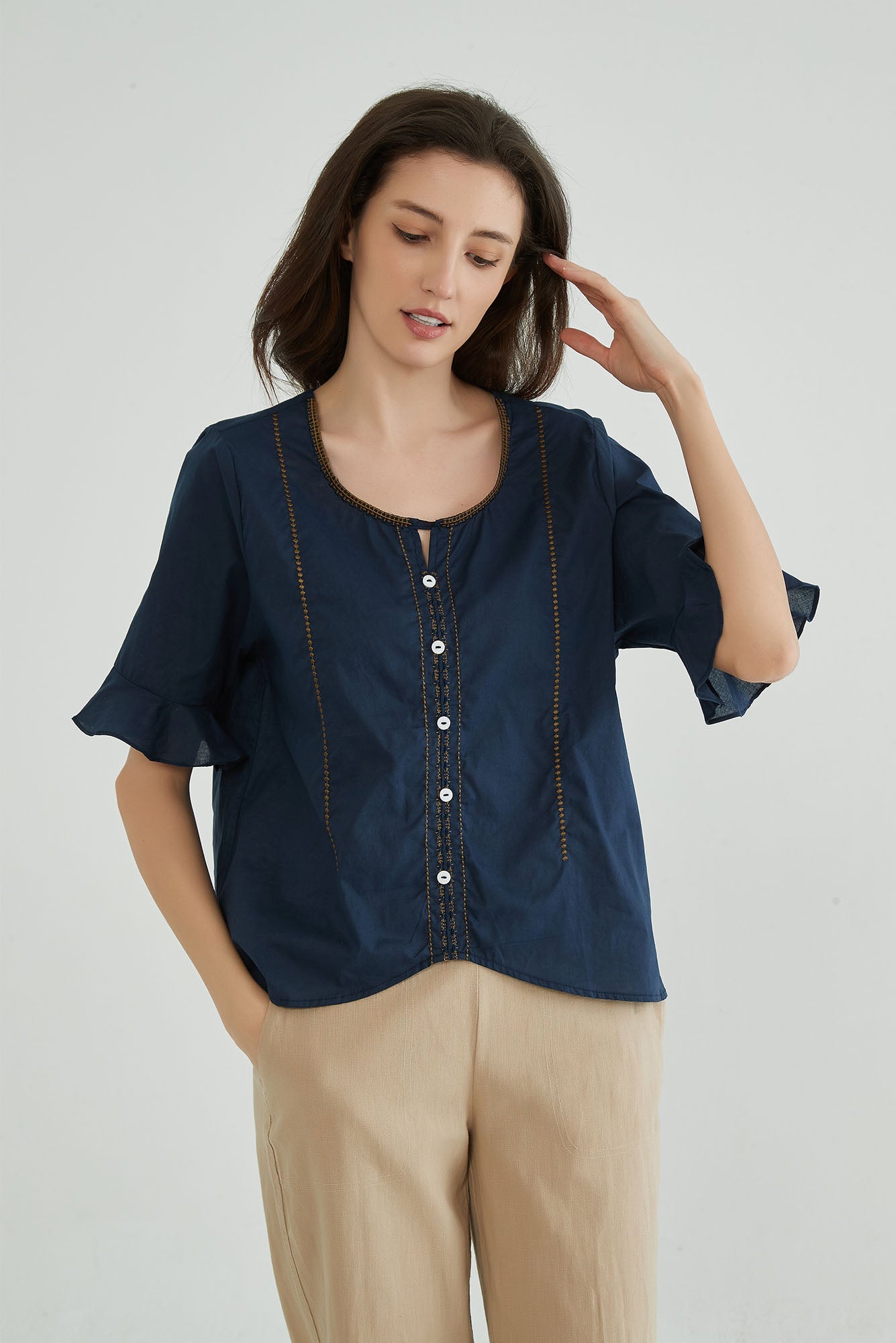 Dark Navy Embroidery Cotton Linen Tops for Ladies - Whisper Mint